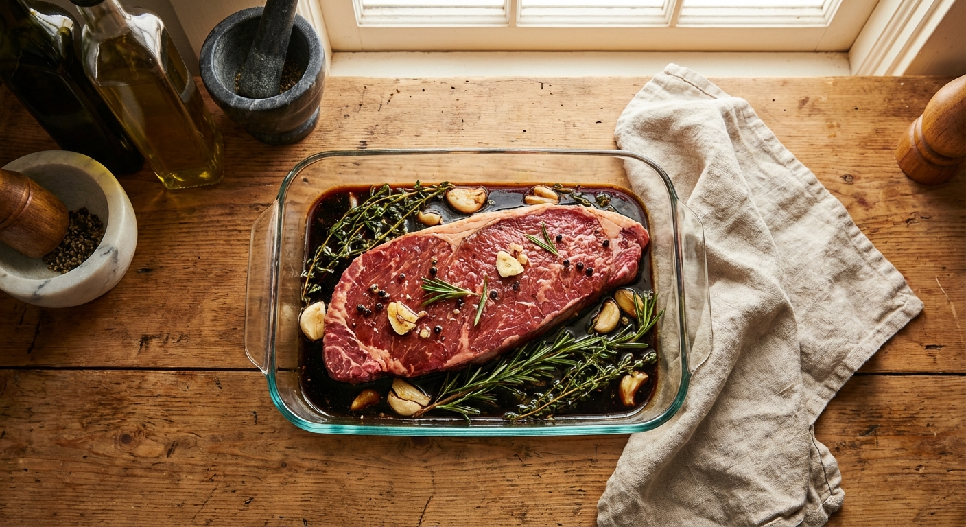 London broil marinating in glass dish with soy sauce garlic and herbs seen from overhead