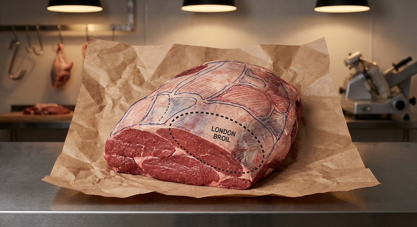 Beef top round primal cut on butcher paper showing where London broil is typically cut from